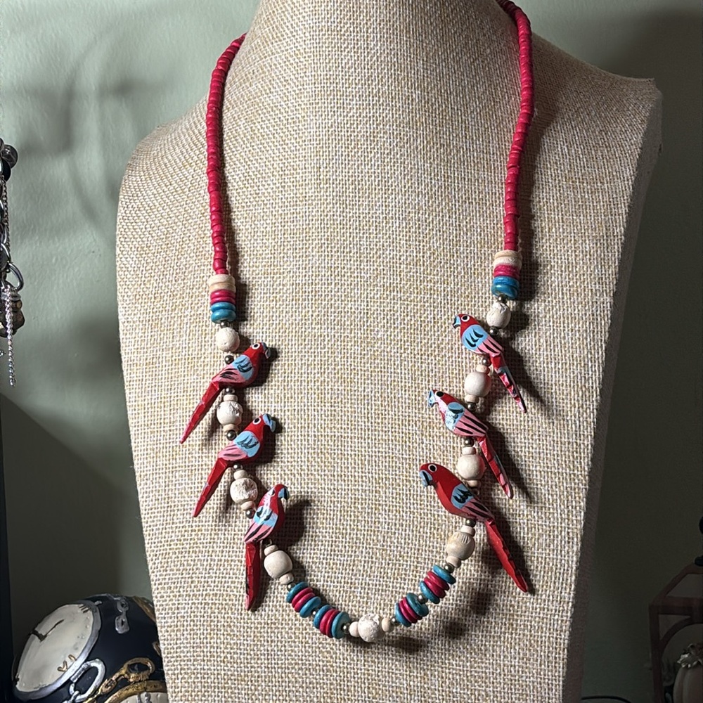 Handcrafted Parrot Necklace - Red and Natural